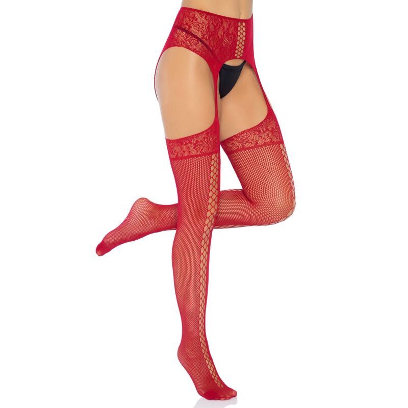 LEG AVENUE – MEDIAS DE ENCAJES CON LIGUERO BURDEOS TALLA UNICA