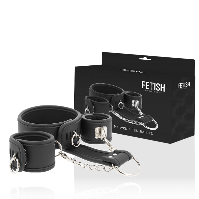 FETISH SUBMISSIVE – COLLAR Y ESPOSAS CUERO VEGANO CON FORRO DE NOPRENO