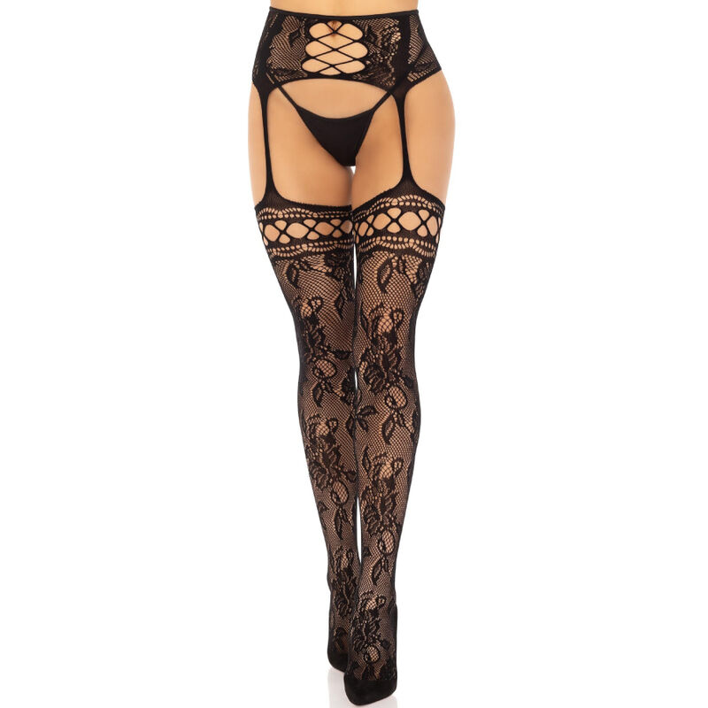 Medias con liguero integrado encaje floral negro LEG AVENUE
