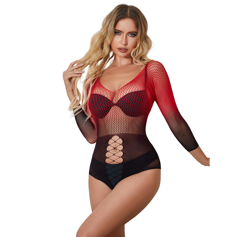 SUBBLIME – 952259 BODYSTOCKING DE REJILLA ELSTICO MANGA LARGA DEGRADADO ROJO Y NEGRO TALLA ÚNICA