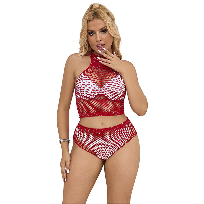 SUBBLIME – 952402 BODYSTOCKING CONJUNTO DE REJILLA CON BRILLANTES ROJO TALLA ÚNICA