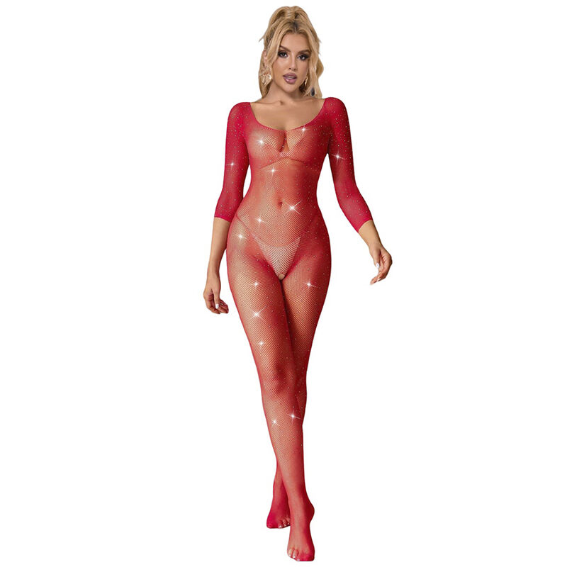 SUBBLIME – 952419 BODYSTOCKING DE REJILLA CON DIAMANTES MANGA LARGA ROJO TALLA ÚNICA