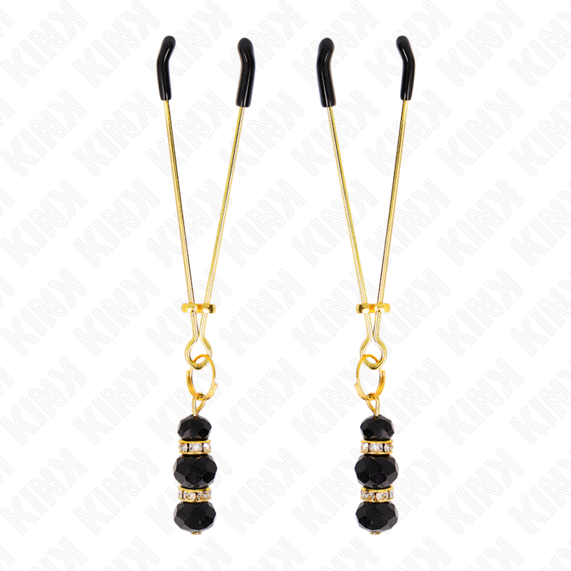 KINK – PINZAS PARA PEZONES DORADA FINA CON TRIPLE BOLA DE VIDRIO NEGRO 7 CM
