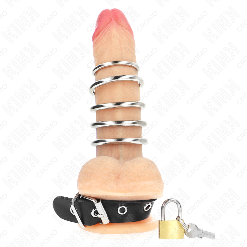 KINK – ANILLO PENE CUERO CORREA CON CERRADURA 21 X 2 CM Y 5 ANILLOS METAL DE 3 CM A 4 CM