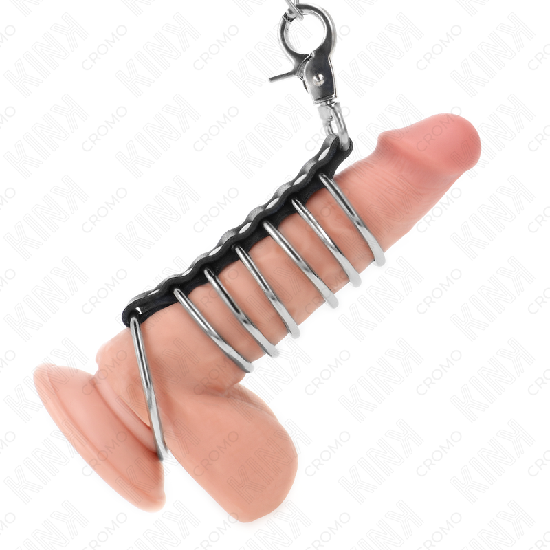 KINK – 7 ANILLOS PENE METAL 3.8 CM A 5 CM CONECTADOS CON POLIPIEL Y CADENA METAL 100 CM