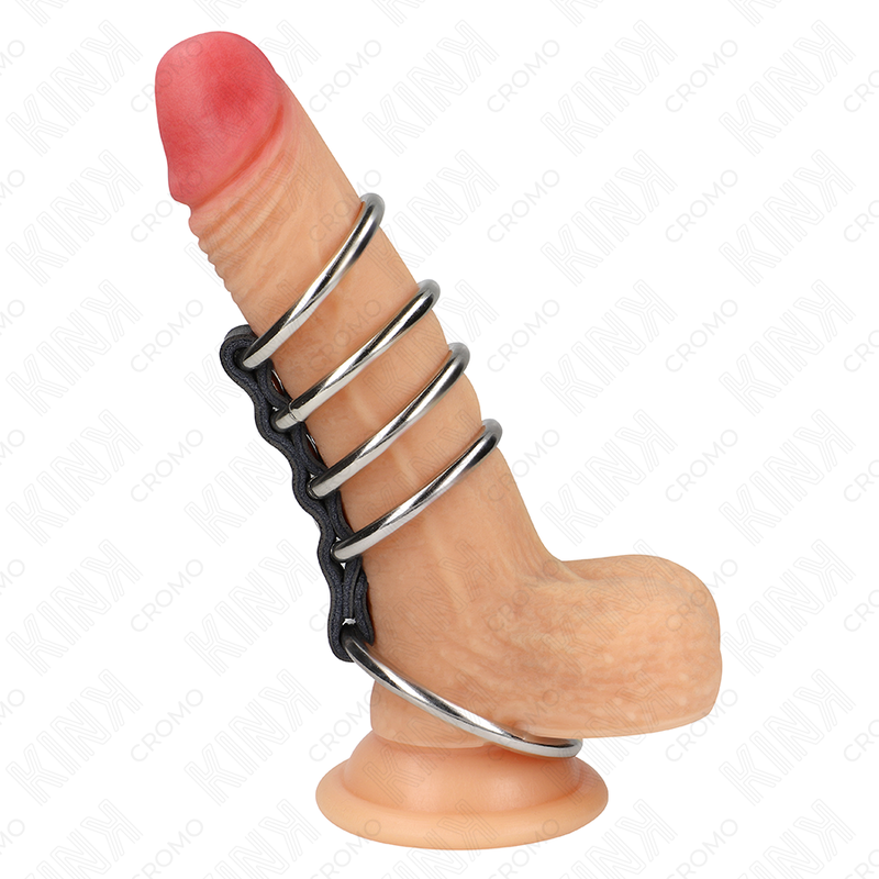 KINK – 5 ANILLOS PENE 3.7 CM A 5 CM METAL CONECTADOS POR CUERO