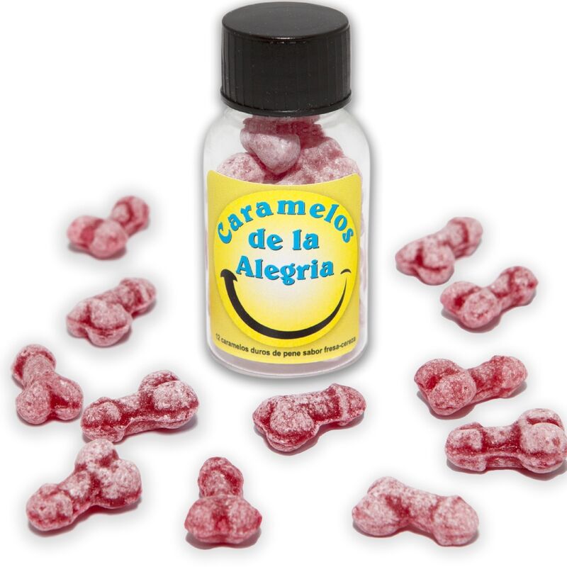 DIABLO PICANTE – 12 CARAMELOS DE LA ALEGRÍA FORMA PENE FRESA/CEREZA