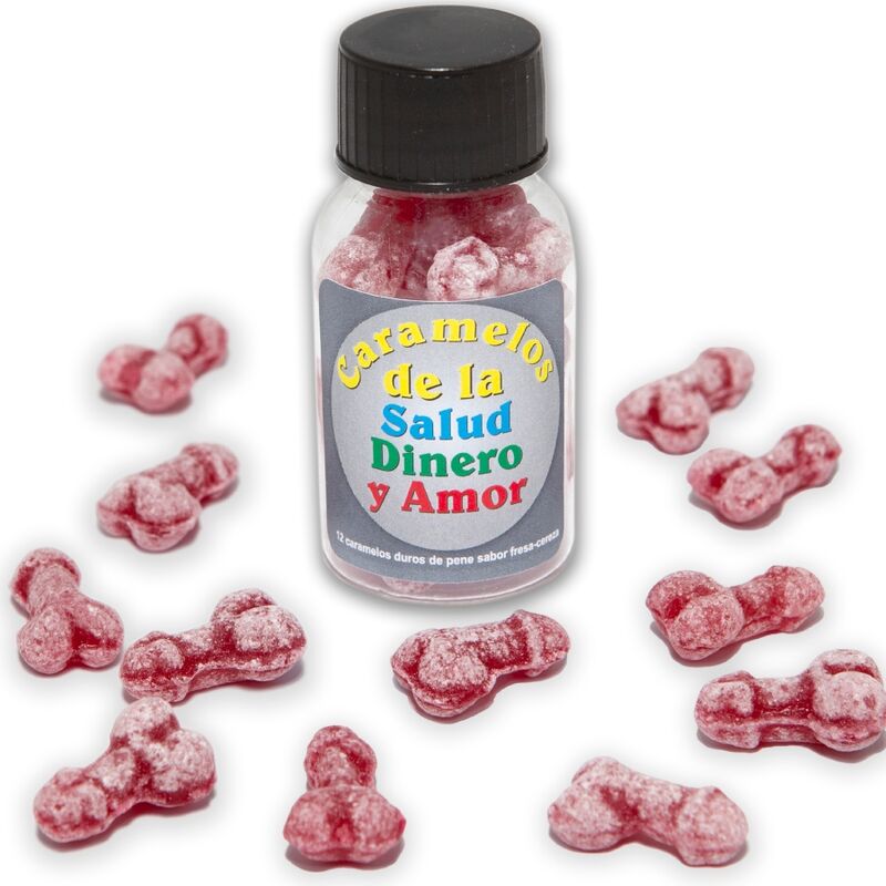 DIABLO PICANTE – 12 CARAMELOS DE LA SALUD-DINERO-AMOR FORMA PENE FRESA/CEREZA