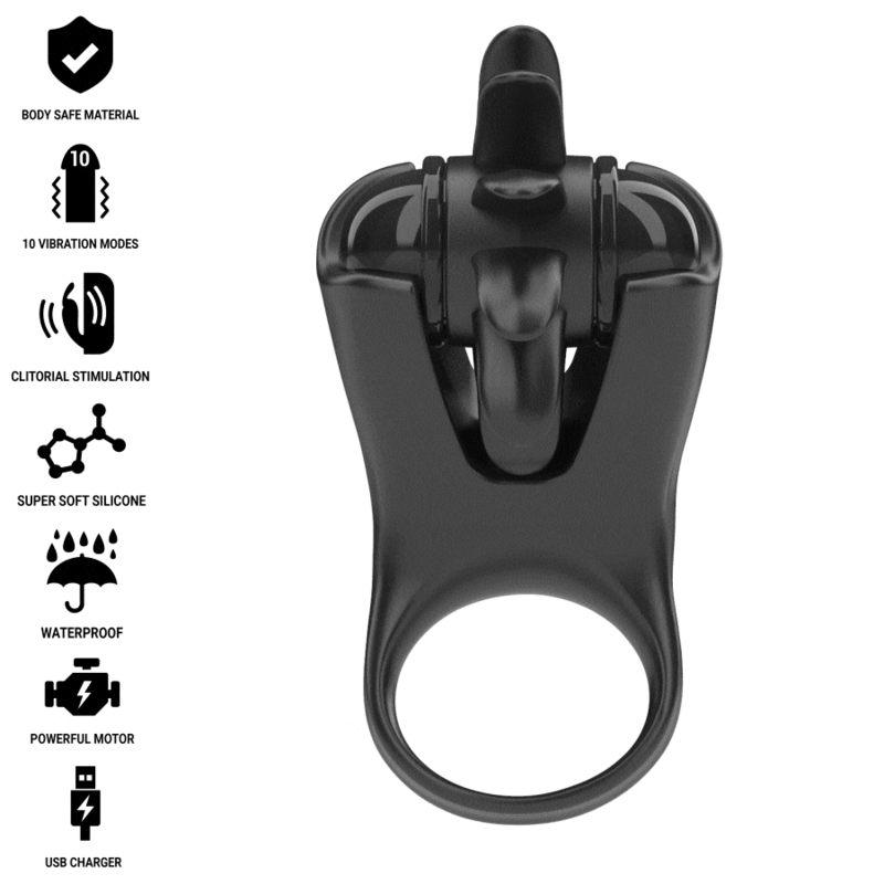 INTENSE – MABEL ANILLO VIBRADOR 10 VIBRACIONES CON ESTIMULADOR DE CLÍTORIS NEGRO
