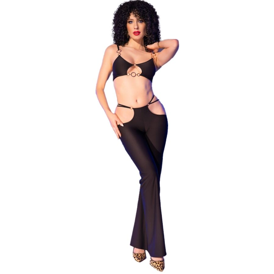 CHILIROSE – CR 4851 SET TOP NEGRO Y LEGGINS CON COMPLEMENTOS DORADOS S