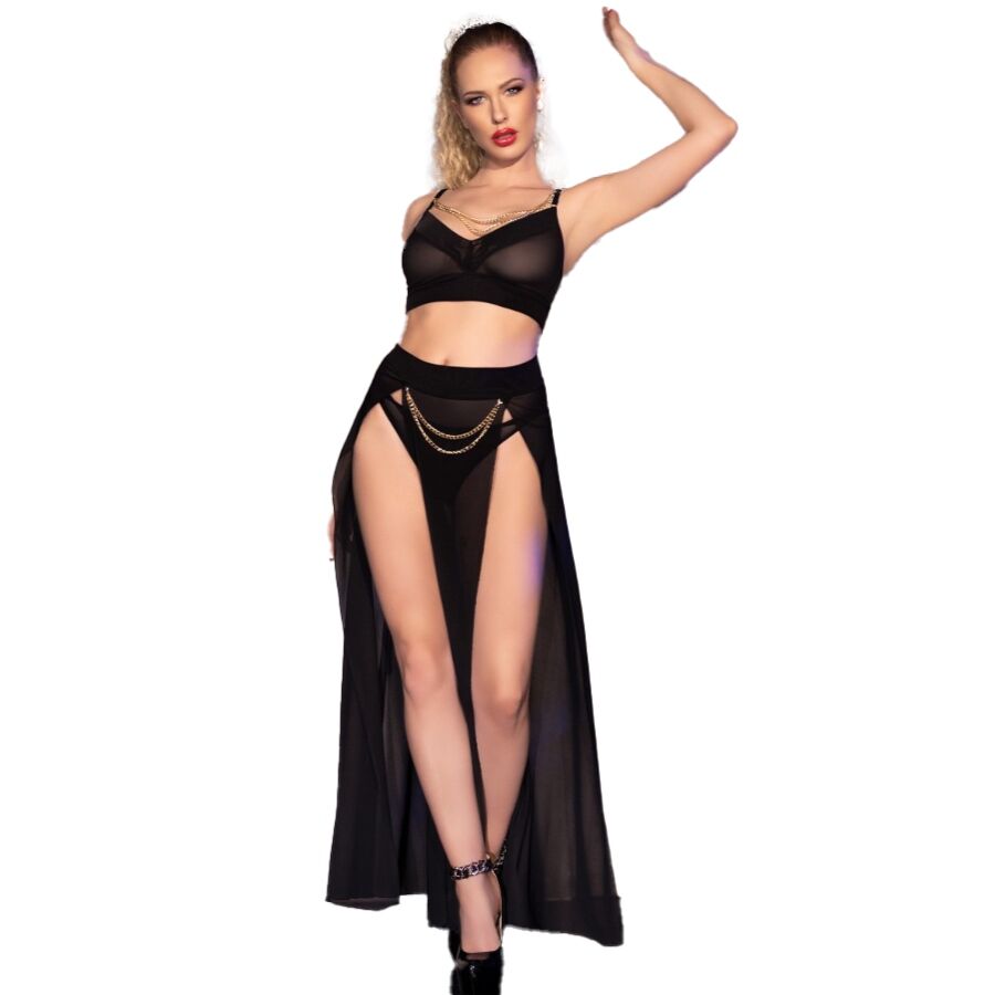 CHILIROSE – CR 4672 TOP NEGRO FALDA Y TANGA CON CADENAS DORADAS S