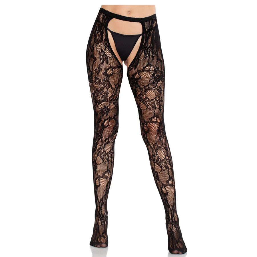 LEG AVENUE – MEDIAS DE ENCAJE DE ROSAS CON PARTE TRASERA ABIERTA NEGRO