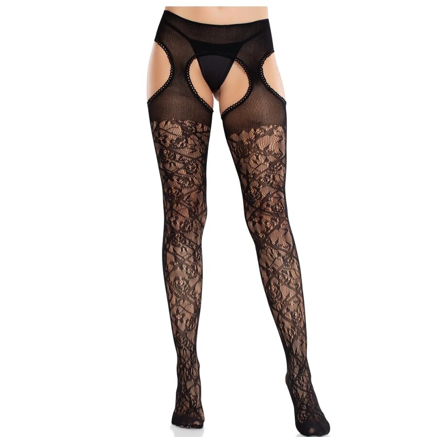 LEG AVENUE – MEDIAS DE ENCAJE FLORAL CON LIGAS UNIDAS NEGRO