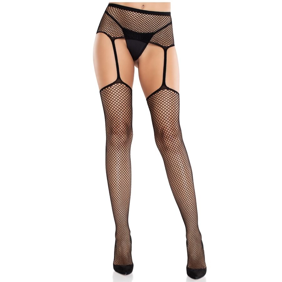 LEG AVENUE – MEDIAS DE ENCAJE CON CRUZ Y PORTALIGAS NEGRO