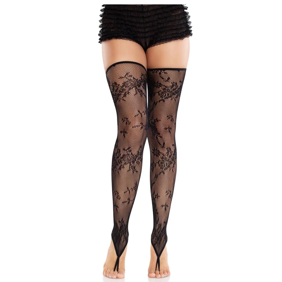 LEG AVENUE – MEDIAS SIN PIES DE ENCAJE FLORAL NEGRO