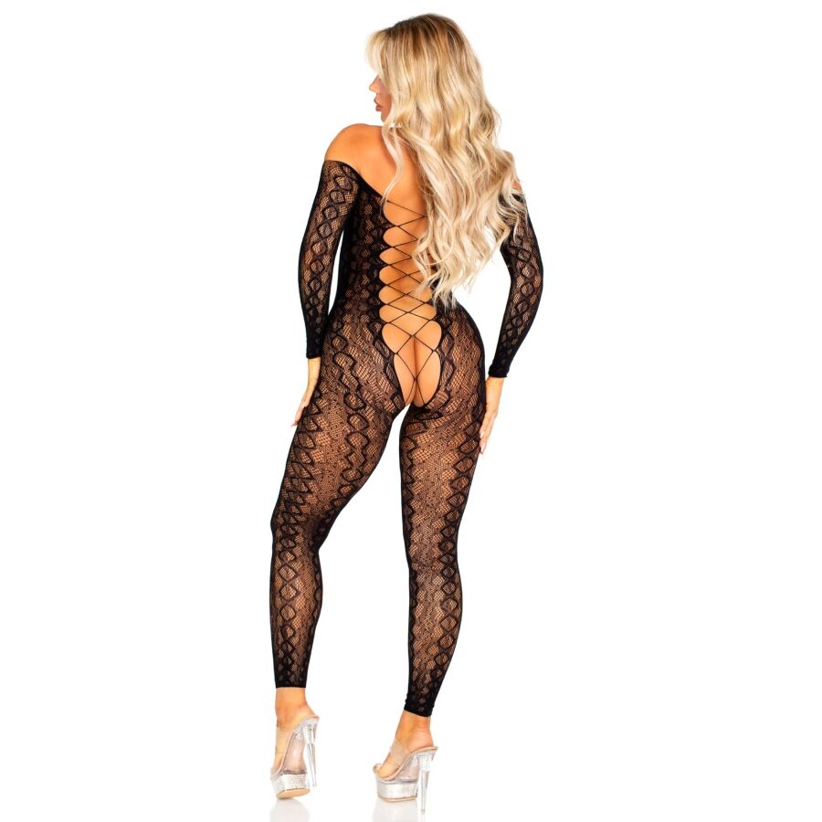LEG AVENUE – BODYSTOCKING SIN ENTREPIERNA DE ENCAJE DE SERPIENTE EXÓTICA NEGRO