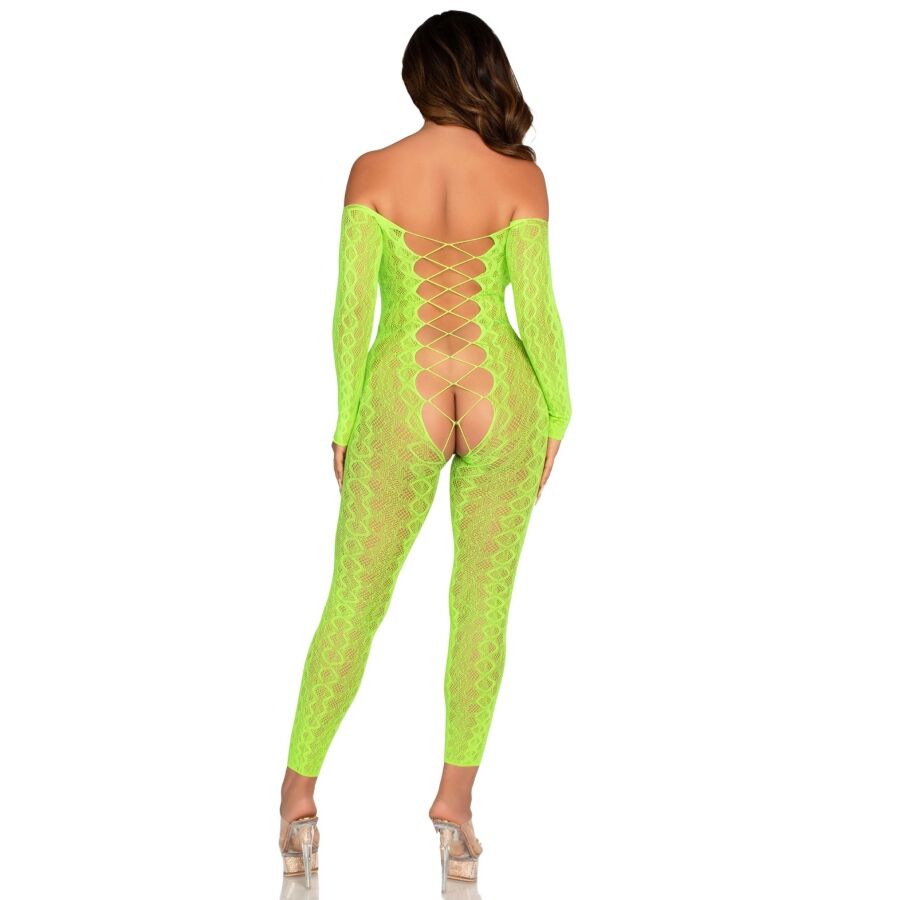 LEG AVENUE – BODYSTOCKING SIN ENTREPIERNA DE ENCAJE DE SERPIENTE EXÓTICA VERDE NEÓN