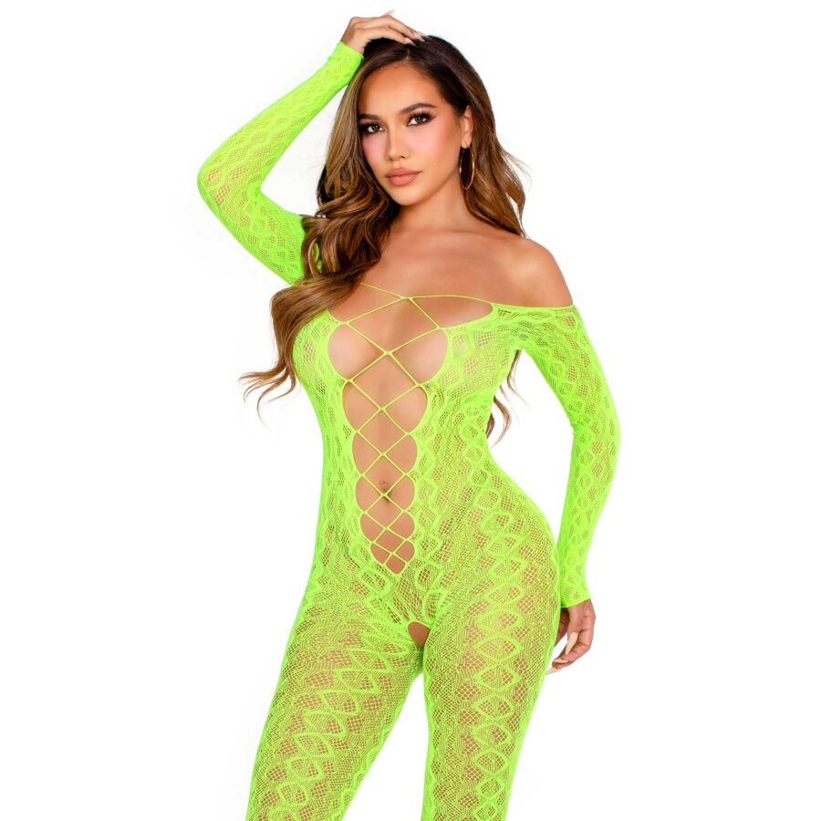 LEG AVENUE – BODYSTOCKING SIN ENTREPIERNA DE ENCAJE DE SERPIENTE EXÓTICA VERDE NEÓN