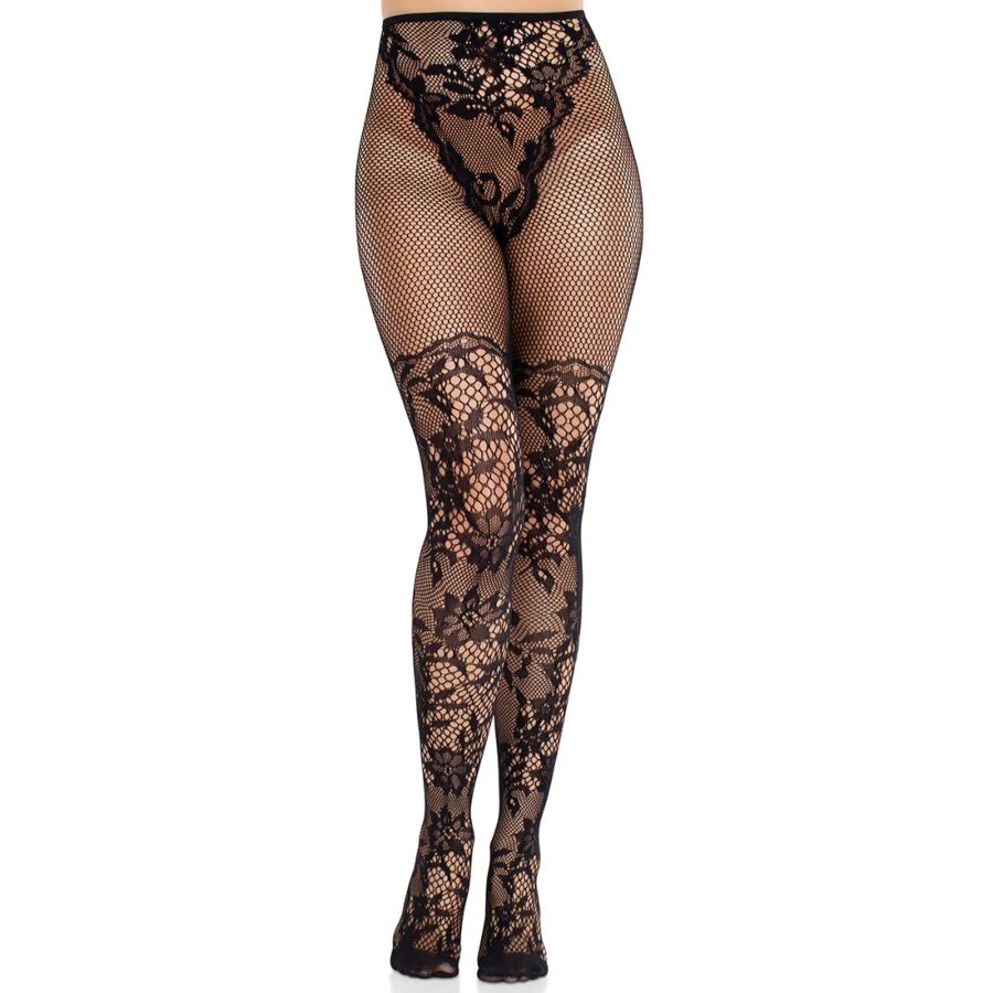 LEG AVENUE – MEDIAS DE ENCAJE DAHLIA CON DETALLE DE RED NEGRO