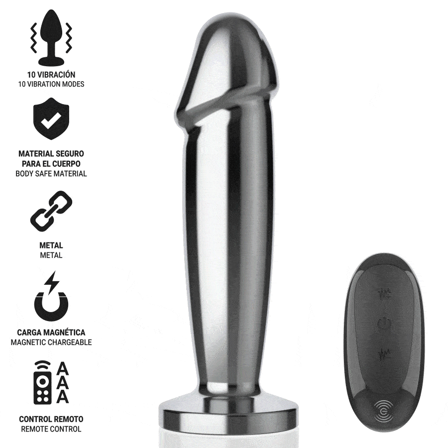 INTENSE – PLUG ANAL 10 VIBRACIONES METAL EN FORMA DE DILDO CON CONTROL REMOTO M