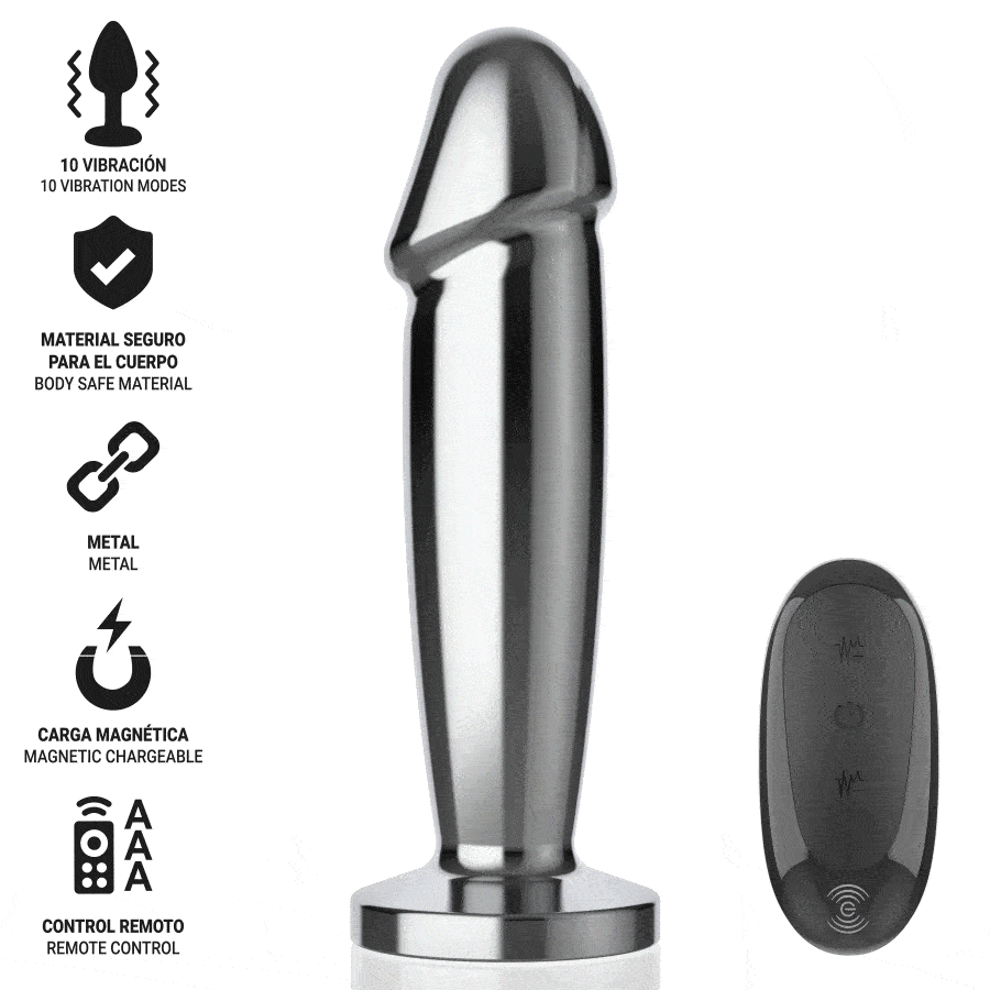INTENSE – PLUG ANAL 10 VIBRACIONES METAL EN FORMA DE DILDO CON CONTROL REMOTO S