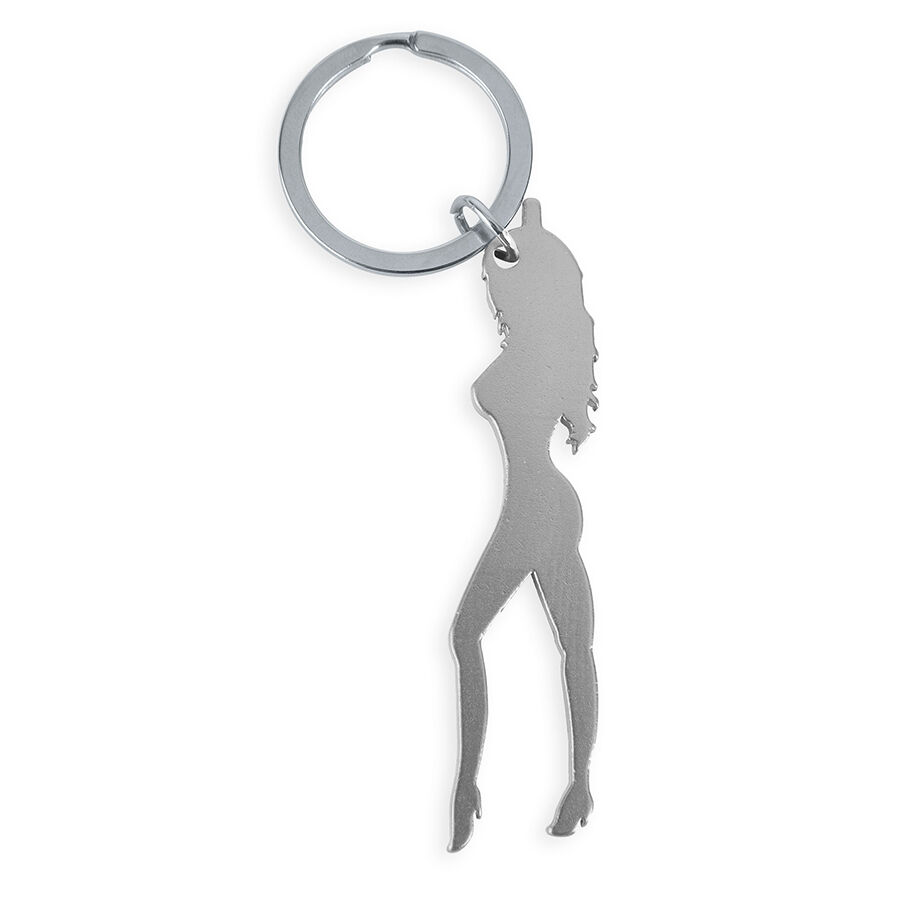 DIABLO PICANTE – LLAVERO CON SILUETA DE MUJER COLOR PLATA CON ABRIDOR DE CERVEZA
