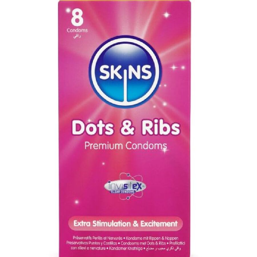 SKINS – DOTS  RIBS PRESERVATIVOS PREMIUM PACK 8