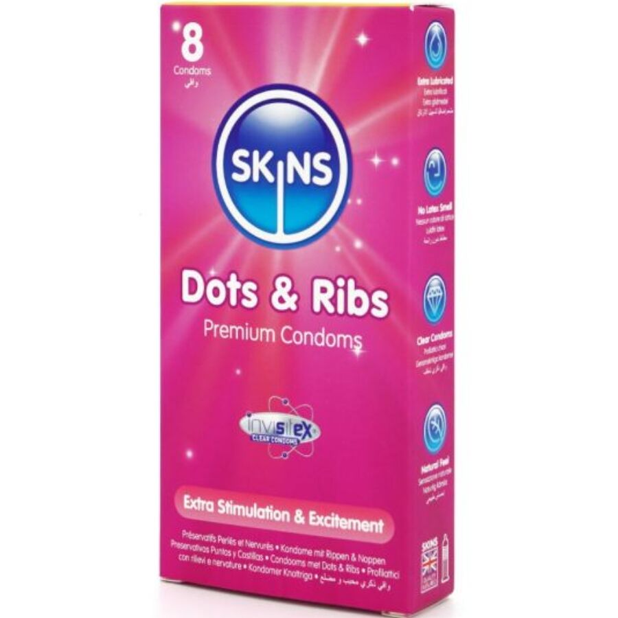 SKINS – DOTS  RIBS PRESERVATIVOS PREMIUM PACK 8