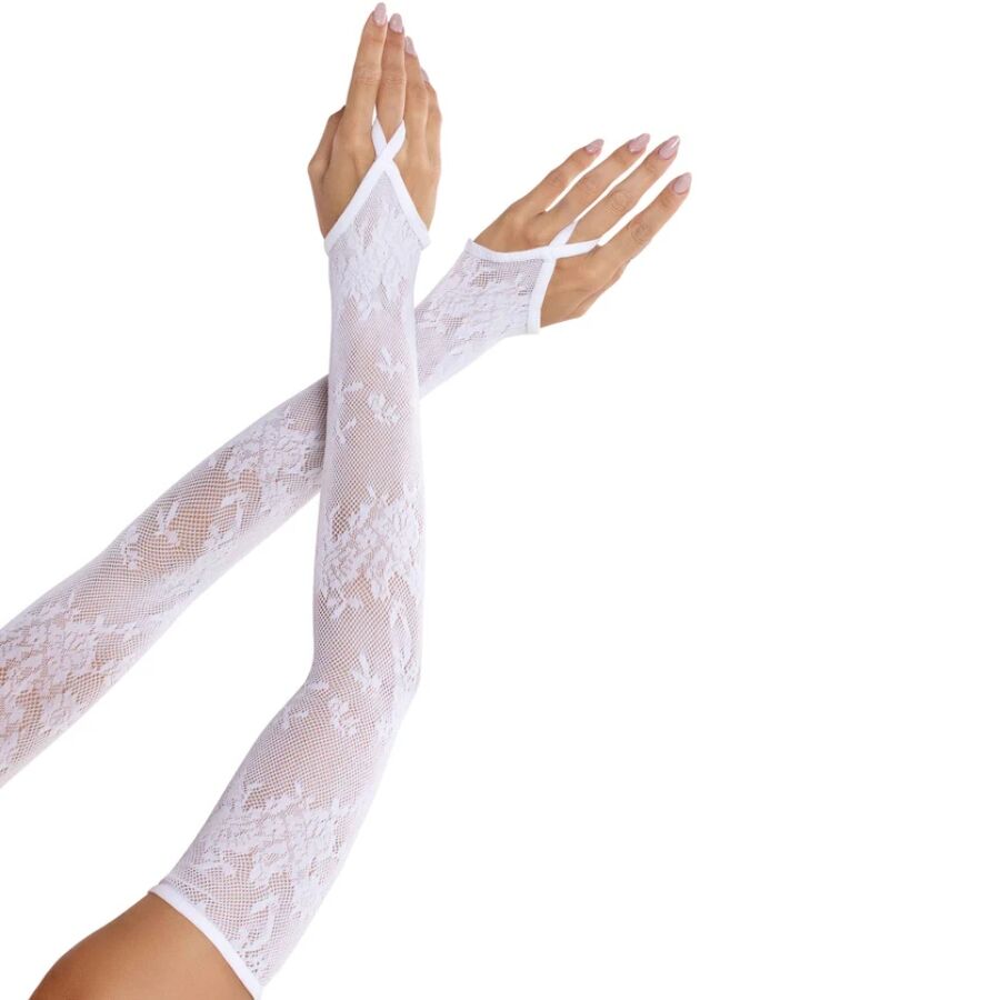 LEG AVENUE – GUANTES EXTRALARGOS CALIENTABRAZOS DE ENCAJE FLORAL BLANCO