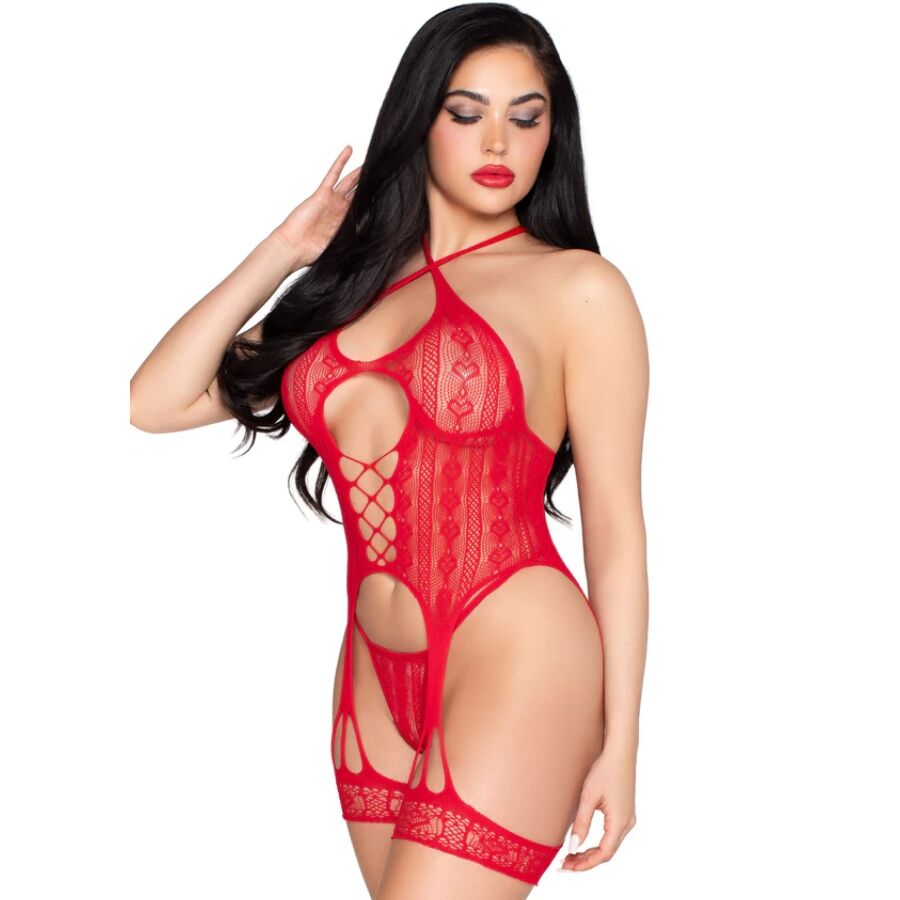 LEG AVENUE – 89338 SET BODY ABIERTO CON LIGUERO + TANGA DE ENCAJE ROJO – TALLA ÚNICA