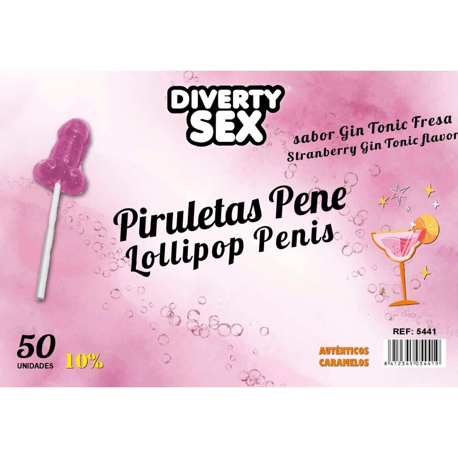 DIABLO GOLOSO – 50 PIRULETAS PENE GIN TONIC FRESA 10% ALCOHOL
