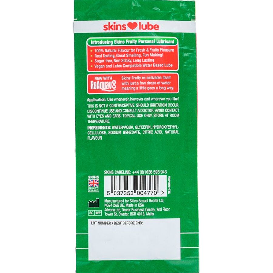 SKINS – FRUITY WATER-BASED LUBRICANT WATERMELON SINGLE-DOSE 5 ML