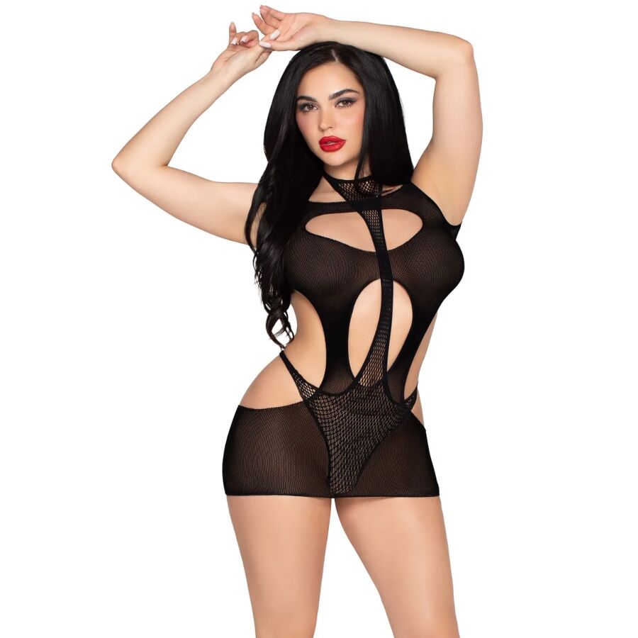 LEG AVENUE – 81680 OPAQUE MINI DRESS AND HALTER TEDDY BLACK – ONE SIZE