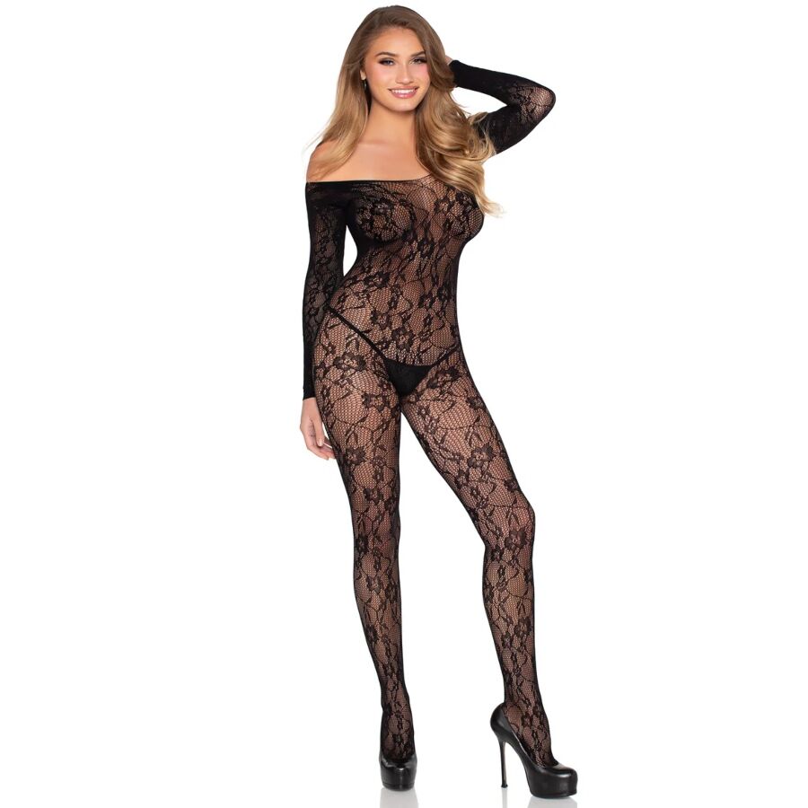 LEG AVENUE – 89366 BODYSTOCKING DE LENCERÍA DE ENCAJE NEGRO – TALLA ÚNICA