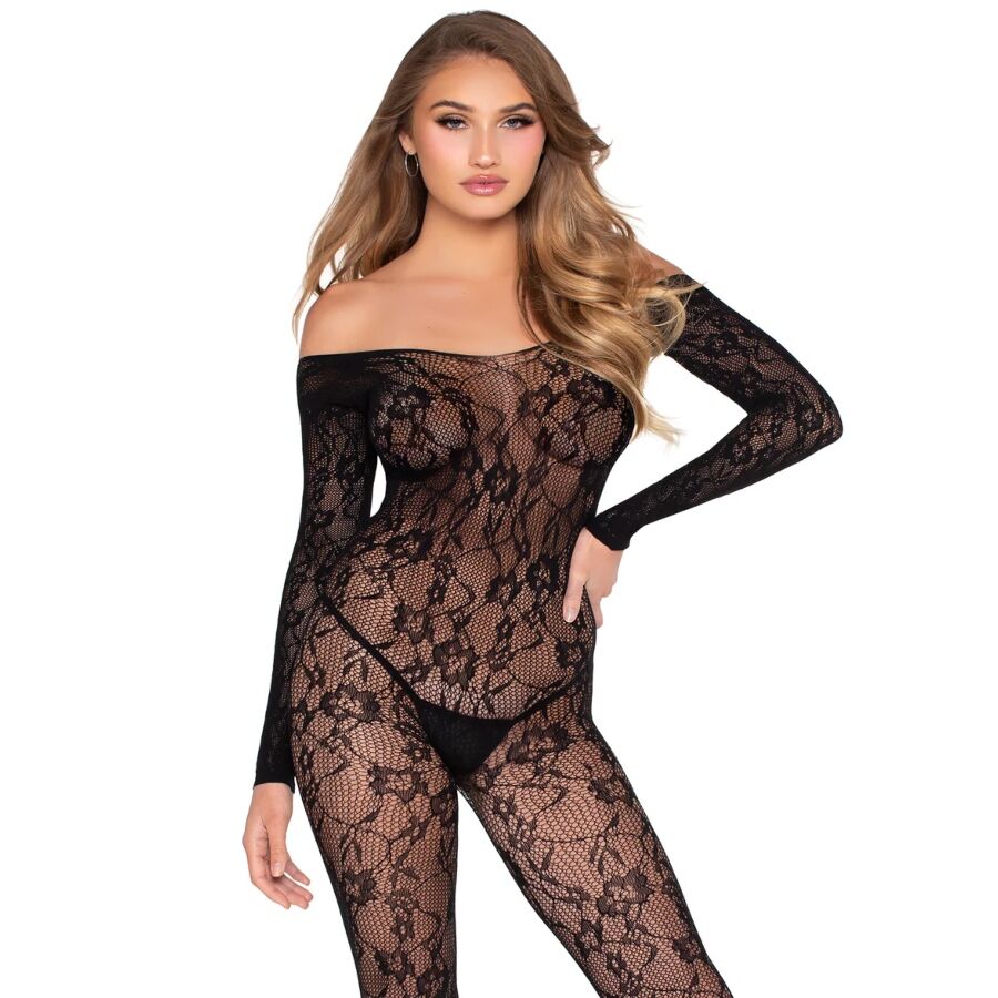 LEG AVENUE – 89366 BODYSTOCKING DE LENCERÍA DE ENCAJE NEGRO – TALLA ÚNICA
