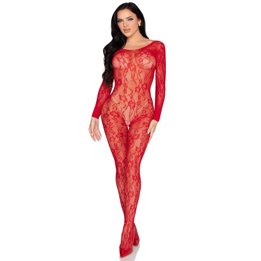 LEG AVENUE – 89366 BODYSTOCKING DE LENCERÍA DE ENCAJE ROJO – TALLA ÚNICA