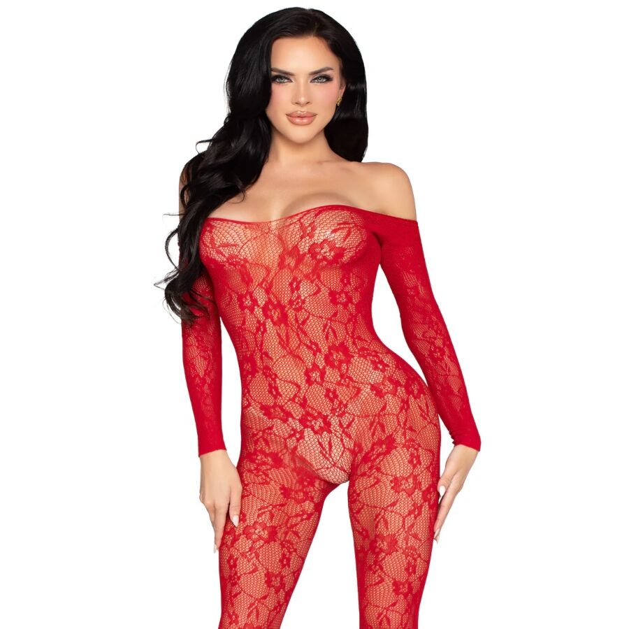 LEG AVENUE – 89366 BODYSTOCKING DE LENCERÍA DE ENCAJE ROJO – TALLA ÚNICA
