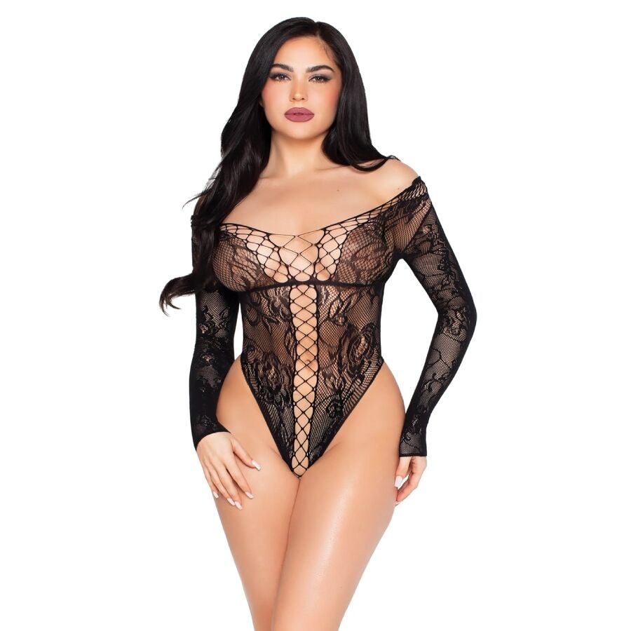 LEG AVENUE – 89370 NET AND LACE TEDDY BLACK – ONE SIZE