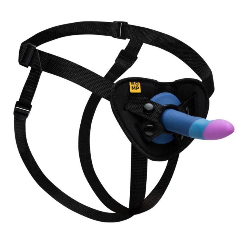 ROMP – PICCOLO HARNESS + SILICONE DILDO WITH TRICOLOR SUCTION CUP 14 CM