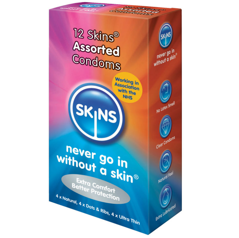 SKINS – PRESERVATIVOS NATURAL + FINO + PUNTOS  ESTRIAS 12 UDS