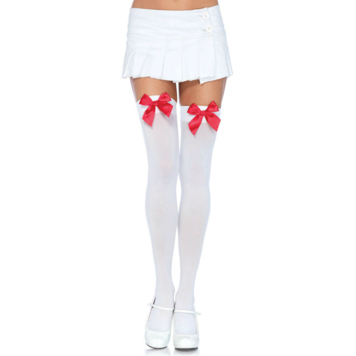 LEG AVENUE – MEDIAS NYLON BLANCO Y LAZO ROJO